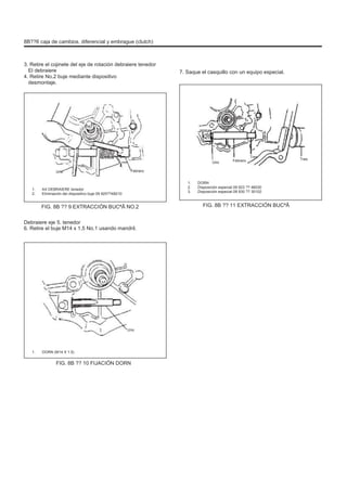8B??6 caja de cambios, diferencial y embrague (clutch)
3. Retire el cojinete del eje de rotación debraiere tenedor
El debraiere
4. Retire No.2 buje mediante dispositivo
desmontaje.
7. Saque el casquillo con un equipo especial.
Uno
Uno Febrero
1.
2.
3.
Febrero
Tres
Tres
1.
2.
AX DEBRAIERE tenedor
Eliminación del dispositivo buje 09 925??48210
DORN
Disposición especial 09 923 ?? 46030
Disposición especial 09 930 ?? 30102
FIG. 8B ?? 9 EXTRACCIÓN BUCªÃ NO.2
Debraiere eje 5. tenedor
6. Retire el buje M14 x 1,5 No.1 usando mandril.
FIG. 8B ?? 11 EXTRACCIÓN BUCªÃ
Uno
1. DORN (M14 X 1.5)
FIG. 8B ?? 10 FIJACIÓN DORN
 