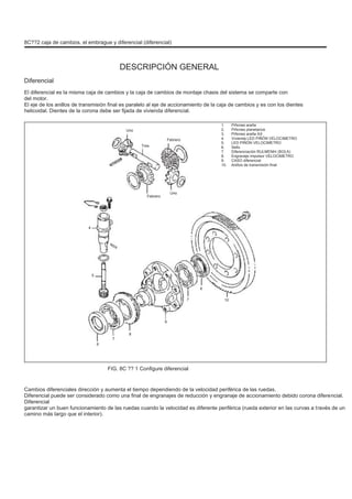 8C??2 caja de cambios, el embrague y diferencial (diferencial)
DESCRIPCIÓN GENERAL
Diferencial
El diferencial es la misma caja de cambios y la caja de cambios de montaje chasis del sistema se comparte con
del motor.
El eje de los anillos de transmisión final es paralelo al eje de accionamiento de la caja de cambios y es con los dientes
helicoidal. Dientes de la corona debe ser fijada de vivienda diferencial.
Uno
Febrero
Tres
1.
2.
3.
4.
5.
6.
7.
8.
9.
10.
Uno
Piñones araña
Piñones planetarios
Piñones araña AX
Vivienda LED PIÑÓN VELOCIMETRO
LED PIÑÓN VELOCIMETRO
Sello
Diferenciación RULMENÞI (BOLA)
Engranaje impulsor VELOCIMETRO
CASO diferencial
Anillos de transmisión final
Febrero
4
5
6
7 10
9
8
6
7
FIG. 8C ?? 1 Configure diferencial
Cambios diferenciales dirección y aumenta el tiempo dependiendo de la velocidad periférica de las ruedas.
Diferencial puede ser considerado como una final de engranajes de reducción y engranaje de accionamiento debido corona diferencial.
Diferencial
garantizar un buen funcionamiento de las ruedas cuando la velocidad es diferente periférica (rueda exterior en las curvas a través de un
camino más largo que el interior).
 