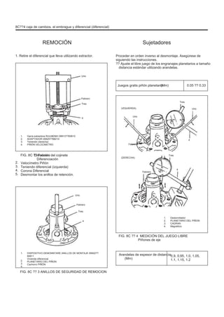 8C??4 caja de cambios, el embrague y diferencial (diferencial)
REMOCIÓN
1. Retire el diferencial que lleva utilizando extractor.
Sujetadores
Proceder en orden inverso al desmontaje. Asegúrese de
siguiendo las instrucciones.
?? Ajuste el libre juego de los engranajes planetarios a tamaño
distancia estándar utilizando arandelas.
Uno
Juegos gratis piñón planetario
Febrero
Tres
(IZQUIERDA)
4
Uno
(Mm) 0.05 ?? 0.33
Tres
Uno
1.
2.
3.
4.
Garra extractora RULMENÞI 09913??65810
ADAPTADOR 09925??88210
Teniendo (derecha)
PIÑÓN VELOCIMETRO
4
Febrero
FIG. 8C ?? Febrero
2.
3.
4.
5.
Extracción del cojinete
Diferenciación
Velocímetro Piñón
Teniendo diferencial (izquierda)
Corona Diferencial
Desmontar los anillos de retención.
(DERECHA)
Tres
Febrero
4
Uno
Febrero
Tres
4
1.
2.
3.
4.
Destornillador
PLANETARIO DEL PIÑON
CADRAN
Magnético
FIG. 8C ?? 4 MEDICIÓN DEL JUEGO LIBRE
Piñones de eje
1.
2.
3.
4.
FIG. 8C ?? 3 ANILLOS DE SEGURIDAD DE REMOCION
DISPOSITIVO DEMONNTARE ANILLOS DE MONTAJE 09922??
85811
Vivienda diferencial
PLANETARIO DEL PIÑON
Cachorro PIÑÓN
Arandelas de espesor de distancia
(Mm)
0,9, 0,95, 1,0, 1,05,
1.1, 1.15, 1.2
 