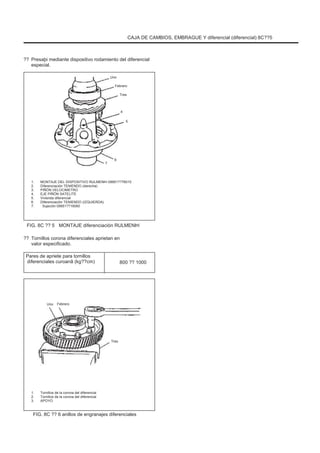 CAJA DE CAMBIOS, EMBRAGUE Y diferencial (diferencial) 8C??5
?? Presaþi mediante dispositivo rodamiento del diferencial
especial.
Uno
Febrero
Tres
4
5
7
6
1.
2.
3.
4.
5.
6.
7.
MONTAJE DEL DISPOSITIVO RULMENÞI 09951??76010
Diferenciación TENIENDO (derecha)
PIÑÓN VELOCIMETRO
EJE PIÑÓN SATELITE
Vivienda diferencial
Diferenciación TENIENDO (IZQUIERDA)
Sujeción 09951??16060
FIG. 8C ?? 5
??
MONTAJE diferenciación RULMENÞI
Tornillos corona diferenciales aprietan en
valor especificado.
Pares de apriete para tornillos
diferenciales curoanã (kg??cm) 800 ?? 1000
Uno Febrero
Tres
1.
2.
3.
Tornillos de la corona del diferencial
Tornillos de la corona del diferencial
APOYO
FIG. 8C ?? 6 anillos de engranajes diferenciales
 