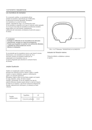 11A??6 ROTH Y NEUMÁTICOS
Los neumáticos de reemplazo
Si es necesario cambiar, se recomienda utilizar
tamaño de neumático especificado por el fabricante,
la aplicación de presión apropiada. Reemplazo
Los neumáticos va a tener la misma
tamaño, capacidad de carga, y la construcción como
Si los neumáticos originales con la que el vehículo estaba equipado
cle. El uso de otros tipos de neumáticos de diferentes tamaños
puede influir en el movimiento, manipulación,
calibración del velocímetro, la distancia al suelo del cuerpo o
El chasis.
¡CUIDADO!
Echipaþi no diferente en los neumáticos de vehículos
dimensiones, excepto en casos de emergencia,
Puesto que la gestión se podrían ver seriamente afectada,
y pérdida de control puede ser una de
efectos no deseados.
Se recomienda que los neumáticos nuevos, que tienen la misma
dimensiones, a ser montados en el mismo eje. Si es
necesario sustituir un neumático tendrá que ser
emparejado con el neumático cuyo es
la menos desgastado para disminuir la variación fuerza
de frenado.
MAX. 2.5 MM
FIG. 11A ?? Reborde 7 RESISTENCIA ELEMENTO
Indicador de Vibración máxima
Vibración debido a soldaduras o pintura
se ignora.
Jenþilor Sustitución
Jenþile ser reemplazado cuando se deforman,
presenta una vibración excesiva, lateral o radial, o cuando
cuando se expone soldaduras, agujeros o deformación
agarre y la corrosión apariencia.
Reemplazo Jenþii se hará con una llanta cumple con la parte
la carga, diámetro, ancho, de forma original
montaje y desmontaje. El uso de cualquier otro tipo de
jenþi de diferentes tamaños puede afectar la vida de la batería
la rueda en su conjunto, o que llevan sistema de refrigeración
frenado, indicación del velocímetro y la distancia al suelo
vehículo.
Equilibrio
Curva de oscilación
45
114.3
Tamaño
anchura (mm)
 