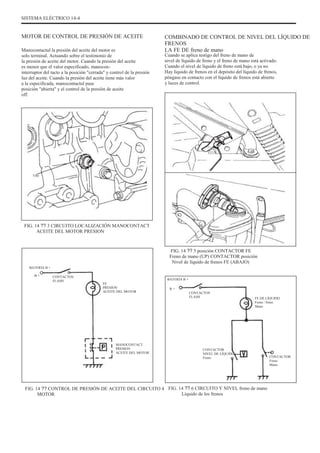 SISTEMA ELÉCTRICO 14-4
MOTOR DE CONTROL DE PRESIÓN DE ACEITE
Manocontactul la presión del aceite del motor es
solo terminal. Actuando sobre el testimonio de
la presión de aceite del motor. Cuando la presión del aceite
es menor que el valor especificado, manocon-
interruptor del tacto a la posición "cerrada" y control de la presión
luz del aceite. Cuando la presión del aceite tiene más valor
a la especificada, manocontactul pase
posición "abierta" y el control de la presión de aceite
off.
COMBINADO DE CONTROL DE NIVEL DEL LÍQUIDO DE
FRENOS
LA FE DE freno de mano
Cuando se aplica testigo del freno de mano de
nivel de líquido de freno y el freno de mano está activado.
Cuando el nivel de líquido de freno está bajo, o ya no
Hay líquido de frenos en el depósito del líquido de frenos,
póngase en contacto con el líquido de frenos está abierto
y luces de control.
Uno
FIG. 14 ?? 3 CIRCUITO LOCALIZACIÓN MANOCONTACT
ACEITE DEL MOTOR PRESION
FIG. 14 ?? 5 posición CONTACTOR FE
Freno de mano (UP) CONTACTOR posición
Nivel de líquido de frenos FE (ABAJO)
CONTACTOS
FLASH
FE
PRESION
ACEITE DEL MOTOR
BATERÍA B +
B +
CONTACTOS
FLASH
BATERÍA B +
B +
FE DE LÍQUIDO
Freno / freno
Mano
MANOCONTACT
PRESION
ACEITE DEL MOTOR
CONTACTOR
NIVEL DE LÍQUIDO
Freno CONTACTOR
Freno
Mano
FIG. 14 ?? CONTROL DE PRESIÓN DE ACEITE DEL CIRCUITO 4
MOTOR
FIG. 14 ?? 6 CIRCUITO Y NIVEL freno de mano
Líquido de los frenos
 