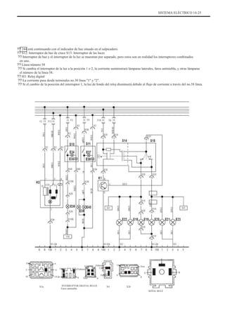 SISTEMA ELÉCTRICO 14-25
?? 244 está continuando con el indicador de haz situado en el salpicadero.
?? S12: Interruptor de haz de cruce S13: Interruptor de las luces
?? Interruptor de haz y el interruptor de la luz se muestran por separado, pero estos son en realidad los interruptores combinados
en uno.
?? Línea número 58
?? Si cambia el interruptor de la luz a la posición 1 o 2, la corriente suministrará lámparas laterales, faros antiniebla, y otras lámparas
el número de la línea 58.
?? H3: Reloj digital
?? La corriente pasa desde terminales no.30 línea "1" y "2".
?? Si el cambio de la posición del interruptor 1, la luz de fondo del reloj disminuirá debido al flujo de corriente a través del no.58 línea.
Uno
5
10
4
9
Uno
Uno
Febrero
6 Tres
Febrero
Uno
Febrero
4
X4
Uno
L
Tres
E
8
X26
SEÑAL RELÉ
B
14 de marzo
X3a
4
INTERRUPTOR DIGITAL RELOJ
Faros antiniebla
 