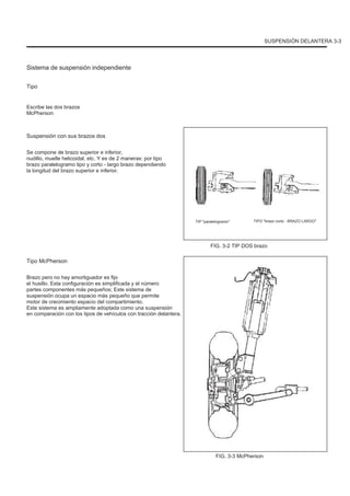 SUSPENSIÓN DELANTERA 3-3
Sistema de suspensión independiente
Tipo
Escribe las dos brazos
McPherson
Suspensión con sus brazos dos
Se compone de brazo superior e inferior,
nudillo, muelle helicoidal, etc. Y es de 2 maneras: por tipo
brazo paralelogramo tipo y corto - largo brazo dependiendo
la longitud del brazo superior e inferior.
TIP "paralelogramo" TIPO "brazo corto - BRAZO LARGO"
FIG. 3-2 TIP DOS brazo
Tipo McPherson
Brazo pero no hay amortiguador es fijo
el husillo. Esta configuración es simplificada y el número
partes componentes más pequeños; Este sistema de
suspensión ocupa un espacio más pequeño que permite
motor de crecimiento espacio del compartimiento.
Este sistema es ampliamente adoptada como una suspensión
en comparación con los tipos de vehículos con tracción delantera.
FIG. 3-3 McPherson
 