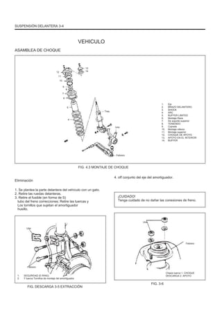 SUSPENSIÓN DELANTERA 3-4
VEHICULO
ASAMBLEA DE CHOQUE
12
11
10
9
7
6
5
8
13
14
Tres
4
Uno
Febrero
1.
2.
3.
4.
5.
6.
7.
8.
9.
10.
11.
12.
13.
14.
Eje
BRAZO DELANTERO
SHOCK
ARC
BUFFER LIMITED
Montaje Race
De soporte superior
TENIENDO
Cojinete
Montaje inferior
Montaje superior
CHOQUE DE APOYO
APOYO EN EL INTERIOR
BUFFER
FIG. 4.3 MONTAJE DE CHOQUE
Eliminación
1. Se plantea la parte delantera del vehículo con un gato.
2. Retire las ruedas delanteras.
3. Retire el fusible (en forma de S)
tubo del freno correcciones; Retire las tuercas y
Los tornillos que sujetan el amortiguador
husillo.
4. off conjunto del eje del amortiguador.
¡CUIDADO!
Tenga cuidado de no dañar las conexiones de freno.
Uno
Uno
Febrero
Febrero
1.
2.
SEGURIDAD (E-RING)
Y tuerca Tornillos de montaje del amortiguador
Chasis tuerca 1. CHOQUE
DESCARGA 2. APOYO
FIG. DESCARGA 3-5 EXTRACCIÓN
FIG. 3-6
 