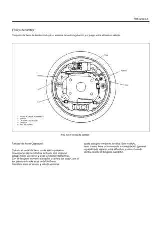 FRENOS 5-5
Frenos de tambor
Conjunto de freno de tambor incluye un sistema de autorregulación y el juego entre el tambor saboþi.
Tres
Febrero
Febrero
Uno
5
4
1.
2.
3.
4.
5.
REGULADOR DE ASAMBLEA
SABOÞI
CILINDRO DE RUEDA
TAMBOR
ARC RETORNO
FIG. 6.5 Frenos de tambor
Tambor de freno Operación
Cuando el pedal de freno con la son impulsados
dos pistones de los cilindros de rueda que empujan
saboþii hacia el exterior y evita la rotación del tambor.
Con el desgaste aumento saboþilor y carrera del pistón, por lo
ser presionado más en el pedal del freno.
Intersticio entre el tambor y saboþi ajustarse
ajuste saboþilor mediante tornillos. Este modelo
freno trasero tiene un sistema de autorregulación (general
regulador) de espacio entre el tambor y saboþi cuando
cambia debido al desgaste saboþilor.
 