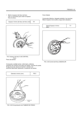 FRENOS 5-19
• Medir el espesor del disco de freno
Use un micrómetro para medir el espesor
freno de disco.
Espesor mínimo del disco de freno (mm) 8.0
Freno Saboþi
Compruebe defectos, desgaste saboþilor, las manchas
Mida el espesor de la aceite y luego (sólo saboþilor).
Saboþi Espesor mínimo
(Mm)
1.0
FIG. Espesor del disco 5-28 CONTROL
Freno
Freno de tambor
Compruebe ovalitãþi tambor, deformaþii y defectos
superficie de contacto de la placa de zapata, manchas de aceite.
Si algunas de las afueras de tambor o tambor son
entonces deformado reparación o sustitución de tambor.
Diámetro mínimo (mm) 182.0
FIG. 5-30 Control del freno SABOÞILOR
COMPAS
T A M B U R
Freno
FIG. 5-29 Comprobación del TAMBOR DE FRENO
 