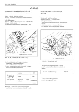 6B-6 motor (Mecánico)
VEHICULO
PRESION DE COMPRESION CHEQUE
Llevar a cabo las siguientes acciones:
1. motor se calienta a la temperatura de funcionamiento
servicio.
2. El motor se para.
3. Retire las bujías y bujías hojas de datos de distribuidor.
4. Retire el filtro de aire.
5. Introduzca compresmetrul en un agujero de la bujía.
VERIFICACIÓN DE vacío alcanzó
MOTOR
El colector de vacío hizo un buen
indicador del motor, y se verifica como
de la siguiente manera:
1. motor se calienta a la temperatura de funcionamiento
servicio.
2. Se detiene el motor, y se conecta al vacío
o la manguera de vacío al colector de admisión.
1. COMPRESMETRU (09.915-64.510)
1. Vacumn (09915 a 67310)
FIG. 6B - 8 COMPRESMETRULUI de montaje
6. debreiazã (para aliviar la carga de arranque)
el acelerador se presiona totalmente a
abrir completamente el acelerador.
7. motor de la actuación y se lee el motor de arranque
mayor presión sobre compresmetru.
Estándar
La presión en
Compresión
(Kgf / cm2)
300 ÷ 400 rpm
Límite
Diferencias
cilindro
entre
12.5
12 a 13
1,0 o superior
menos
FIG. 6B - 9 Conexión de vacío
3. Hacer funcionar el motor al ralentí, y en este
se lee la indicación de condición de medición en
vacumn.
De vacío estándar (mm Hg) 460 ± 20
4. Cuando se mide, Vacío y retírela
conectar la manguera de vacío.
8. Durante la verificación se asegurará una mejor
etanºeitate de compresmetrului el orificio de la bujía.
 