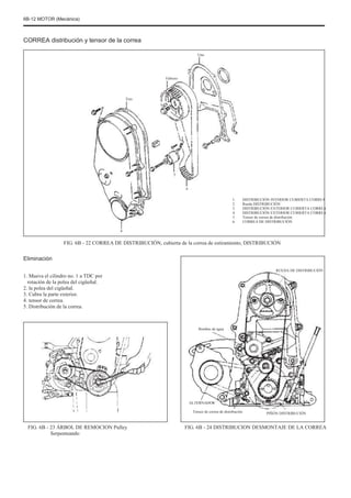 6B-12 MOTOR (Mecánica)
CORREA distribución y tensor de la correa
Uno
Febrero
Tres
5
6
1.
2.
3.
4.
5.
6.
DISTRIBUCIÓN INTERIOR CUBIERTA CORREA
Rueda DISTRIBUCIÓN
DISTRIBUCIÓN EXTERIOR CUBIERTA CORREA
DISTRIBUCIÓN EXTERIOR CUBIERTA CORREA
Tensor de correa de distribución
CORREA DE DISTRIBUCIÓN
4
FIG. 6B - 22 CORREA DE DISTRIBUCIÓN, cubierta de la correa de estiramiento, DISTRIBUCIÓN
Eliminación
1. Mueva el cilindro no. 1 a TDC por
rotación de la polea del cigüeñal.
2. la polea del cigüeñal.
3. Cubra la parte exterior.
4. tensor de correa.
5. Distribución de la correa.
Bombas de agua
RUEDA DE DISTRIBUCIÓN
ALTERNADOR
Tensor de correa de distribución PIÑÓN DISTRIBUCIÓN
FIG. 6B - 23 ÁRBOL DE REMOCION Pulley
Serpenteando
FIG. 6B - 24 DISTRIBUCION DESMONTAJE DE LA CORREA
 