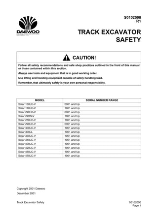S0102000
Page 1
Track Excavator Safety
Return to Master Table of Contents
S0102000
R1
1TRACK EXCAVATOR
SAFETY
TRACK EXCAVATOR SAFETYS0102000
CAUTION!
Follow all safety recommendations and safe shop practices outlined in the front of this manual
or those contained within this section.
Always use tools and equipment that is in good working order.
Use lifting and hoisting equipment capable of safely handling load.
Remember, that ultimately safety is your own personal responsibility.
MODEL SERIAL NUMBER RANGE
Solar 130LC-V 0001 and Up
Solar 170LC-V 1001 and Up
Solar 220LC-V 0001 and Up
Solar 220N-V 1001 and Up
Solar 250LC-V 1001 and Up
Solar 290LC-V 0001 and Up
Solar 300LC-V 1001 and Up
Solar 300LL 1001 and Up
Solar 330LC-V 1001 and Up
Solar 340LC-V 1001 and Up
Solar 400LC-V 1001 and Up
Solar 420LC-V 1001 and Up
Solar 450LC-V 1001 and Up
Solar 470LC-V 1001 and Up
Copyright 2001 Daewoo
December 2001
 