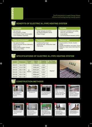 DAEWOO
                                                                                                      The Productivity to create Energy Utopia
                                                                                                     Efficient and energy saving heaing system



 DW BENEFITS OF ELECTRIC X-L PIPE HEATING SYSTEM

    Economic                                                   Safety                                                Durable
   • No heat loss                                          • Water leakage prevention                               • Cold lead installation and safety
   • Accumulation of Heat                                  • No Electromagnetic waves                                 valve for over pressure
   • Low Electric Power Consumption                        • Clean Energy                                           • Long lasting
   • Low installation expenses                                                                                      • Low temperature resistant (-20ºC)


    Easy & Convenient                                          Functional                                            Various way
   • No space for boiler                                   • Traditional floor heat                               • Accommodations, Schools, Vacation
   • Good customer service (Warranty)                      • Sectional heat / Whole floor heat                      facilities
   • Easy to use                                           • Well-being                                           • Hospital, Post-Delivery care center, Church
   • Easy heating system change                                                                                   • Restaurant, Green house, Swimming Pool,
                                                                                                                    Factory
     (Electric X-L PIPE)




 DW SPECIFICATIONS OF ELECTRIC X-L PIPE HEATING SYSTEM

                                   Power            Caloric          Heating               Avr. Power
    Model            Dimension
                                   Input            Value            Capacity             Comsumption
  DW-010             14m×15Φ                     1032kcal/h              3.3m2
  DW-015             21m×15Φ                     1548kcal/h          4.95m2
  DW-020             28m×15Φ        20~          2064kcal/h              6.6m2
                                                                                              76wh/m2
  DW-025             35m×15Φ       40W/m         2580kcal/h          8.25m2
  DW-030             42m×15Φ                     3096kcal/h              9.9m2
  DW-040             56m×15Φ                     4128kcal/h          13.2m2


 DW CONSTRUCTION METHODS

   1                               2                                 3                                   4                                 5


    Heat Insulating Material
                                      Wire Mash to fix
                                                                    Set a Inspecting Box which
                                                                                                        X-L PIPE - Start from In-
                                                                                                                                          Install the sensor of
    - Silver insulator on                                            is same height with the             spect box to return the END       Temperature - Temperature
    the aerated concrete or                                          decorative design                   CAP (Pitch 200~250m               sensor for humid environ-
    Styrofoam                                                                                                                              ment at the Exothermic




   6                               7                                 8                                   9                             10


                                                                      Test of Exothermic -
                                                                                                                                      
    Cover the Inspecting Box       Install Thermostat -                                                  Finishing Mortar -                 Finishing Materials -
    - Do not come in when          Electro power of 220 V is            Check of Electric power          Plastering 30~40m                  Install Finishing Materials
                                                                        consumption and heating          Thickness depends on the           and Inspecting Box
    plastering                     connecting with the I/O
                                                                        value after electric power       types of plastering
                                   connection(15A)                      supply
 