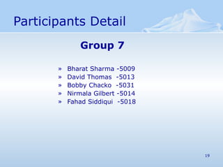 Participants Detail Group 7 Bharat Sharma -5009 David Thomas  -5013 Bobby Chacko  -5031  Nirmala Gilbert -5014 Fahad Siddiqui  -5018 