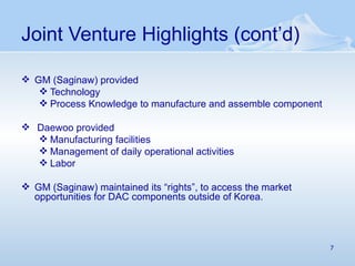 Joint Venture Highlights (cont’d) GM (Saginaw) provided  Technology  Process Knowledge to manufacture and assemble component Daewoo provided  Manufacturing facilities Management of daily operational activities Labor GM (Saginaw) maintained its “rights”, to access the market opportunities for DAC components outside of Korea. 