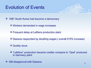 Evolution of Events 1987 South Korea had become a democracy  Workers demanded in wage increases Frequent delay at LeMans production plant Daewoo responded by doubling wages ( overall 215% increase) Quality issue “ LeMans” production became costlier compare to “Opel” produced in Germany plant GM disapproval with Daewoo 