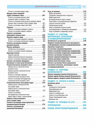 expert22 for http://youtracker.net содержание 9
Снятие и установка двери задка .................................... 260
Крышка люка наливной
трубы топливного бака.............................................. 261
Снятие и установка крышки люка
наливной трубы топливного б ака.................................. 261
Снятие и установка блока рычагов привода замков
крышки люка топливного бака и двери за д ка ............. 261
Снятие и установка замка люка бака ........................... 261
Сиденья.........................................................................261
Снятие и установка переднего сиденья .......................261
Снятие и установка заднего сиденья ...........................262
Снятие и установка
облицовки тоннеля пола ...........................................262
Зеркала заднего вида ..............................................263
Снятие и установка наружного зеркала.........................263
Снятие и установка внутреннего зеркала ....................263
Снятие и установка кожухов
рулевой колонки ........................................................264
Панель приборов ........................................................264
Особенности конструкции ............................................. 264
Снятие и установка панели приборов...........................265
Арматура салона........................................................266
Замена поручней ............................................................266
Замена противосолнечных козырьков...........................266
Снятие и установка облицовок салона ........................ 267
Снятие и установка облицовок
багажника и опор полки багажника ...................... 268
Стеклоочиститель ветрового о к н а .........................269
Замена щеток стеклоочистителя
ветрового о кн а ................................................................ 269
Замена рычагов стеклоочистителя
ветрового окна .................................................................269
Снятие и установка трапеции
стеклоочистителя ветрового окна ............................... 269
Снятие и установка моторедуктора
стеклоочистителя ветрового окна ............................... 270
Стеклоочиститель окна двери задка ....................270
Замена щетки стеклоочистителя
окна двери задка ............................................................270
Замена рычага стеклоочистителя
окна двери задка ............................................................270
Снятие и установка
моторедуктора стеклоочистителя
двери задка в сборе с кронштейном ........................... 271
Замена стекол ветрового
окна и двери задка ....................................................271
Снятие и установка полки крепления
аккумуляторной батареи ........................................ 272
Снятие и установка дуг
крепления багажника ................................................ 273
Уход за кузовом ..........................................................273
Мойка автомобиля ........................................................ 273
Полировка лакокрасочного покрытия ........................... 274
Мойка двигателя .............................................................. 274
Антикоррозионная защита кузова.................................. 275
Подготовка и антикоррозионная обработка
скрытых полостей кузова.................................................275
Герметизация кузова........................................................275
Уход за панелями отделки салона,
изготовленными из полимерных материалов................275
Уход за обивкой и ковриками салона ..........................275
РАЗДЕЛ 13. СИСТЕМА
ВЕНТИЛЯЦИИ,ОТОПЛЕНИЯ
И КОНДИЦИОНИРОВАНИЯ ....................... 276
Особенности устройства ....................................... 276
Правила техники безопасности при ремонте
и обслуживании системы кондиционирования . . .280
Удаление хладагента
из системы кондиционирования.......................... 281
Снятие и установка компрессора кондиционера . . .281
Снятие и установка конденсора кондиционера . . .281
Снятие и установка испарителя...............................282
Замена терморегулирующего клапана..................283
Замена ресивера-осушителя ................................. 284
Замена уплотнительных колец ...............................284
Снятие и установка блока управления
системой отопления, вентиляции салона
и кондиционирования .............................................285
РАЗДЕЛ 14. СИСТЕМЫ
БЕЗОПАСНОСТИ.............................................. 286
Замена передних ремней безопасности ...........286
Замена задних боковых ремней безопасности . . .287
Замена заднего среднего ремня безопасности . . .288
РАЗДЕЛ 15. КОЛЕСА И ШИНЫ ................289
Колесные диски ......................................................... 289
Шины............................................................................289
Особенности конструкции ............................................ 289
Классификация ш и н ......................................................290
Маркировка шин ...........................................................291
Советы по выбору ш и н ................................................... 292
Советы по эксплуатации шин ........................................292
Ремонт бескамерной шины .......................................... 293
Хранение шин ..................................................................294
РАЗДЕЛ 16. ПОЕЗДКА НА С Т О .................. 295
П Р И Л О Ж Е Н И Я ..................................................296
СХЕМЫ ЭЛЕКТРООБОРУДОВАНИЯ . . .300
 