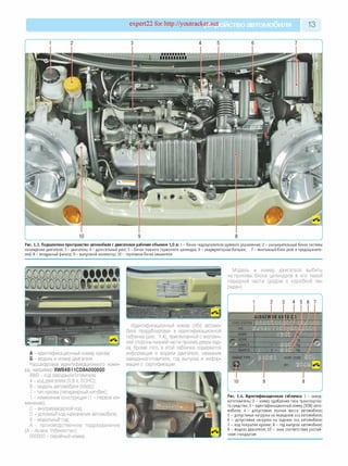 expert22 for http://youtracker.net ствоавтомобиля 13
Рис. 1.3. Подкапотное пространство автомобиля с двигателем рабочим объемом 1,0 л: 1 - бачок гидроусилителя рулевого управления; 2 - расш ирительный бачок системы
охлаж дения двигателя; 3 - двигатель; 4 - дроссельны й узел; 5 - бачок главного торм озного цилиндра; 6 - аккум уляторная батарея; 7 - монтажны й бл ок реле и предохраните­
лей; 8 - воздуш ный фильтр; 9 - вы пускной коллектор; 10 - горловина бачка омывателя
А - идентификационный номер кузова;
Б - модель и номер двигателя.
Расшифровка идентификационного номе­
ра, например XW B4B11CD8A000000:
XWB - код завода-изготовителя;
4 - код двигателя (0,8 л, SOHC);
B - модель автомобиля (Matiz);
1 - тип кузова (пятидверный хэтчбек);
1 - изменение конструкции (1 - первое из­
менение);
C - внутризаводской код;
D - условный код назначения автомобиля;
8 - модельный год;
A - производственное подразделение
(A - Асака, Узбекистан);
000000 - серийный номер.
Модель и номер двигателя выбить
на приливе блока цилиндров в его левой
передней части (рядом с коробкой пе­
редач).
Идентификационный номер (VIN) автомо­
биля продублирован в идентификационной
табличке (рис.1.4), приклепанной с внутрен­
ней стороны нижней части проема двери зад­
ка. Кроме того, в этой табличке содержится
информация о модели двигателя, название
завода-изготовителя, год выпуска и инфор­
мация о сертификации.
Рис. 1.4. Идентификационная табличка: 1 - завод-
изготовитель; 2 - номер одобрения типа тр а н спо р тн о ­
го средства; 3 - иде нти ф и кац и он ны й номер (V IN ) авто­
м об иля; 4 - допустим ая полная масса автом обиля;
5 - допустим ая на гр узка на передню ю ось автом обиля;
6 - допустим ая на гр узка на задню ю ось автом обиля;
7 - код покры тия кузо ва ; 8 - год вы пуска автом обиля;
9 - м одель двигателя; 10 - зна к соответствия р о с си й ­
ским стандартам
 