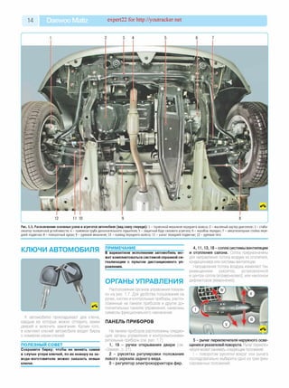 14 Daewoo Matiz expert22 for http://youtracker.net
Рис. 1.5. Расположение основных узлов и агрегатов автомобиля (вид снизу спереди): 1 - торм озной механизм переднего колеса; 2 - масляный картер двигателя; 3 - стаби­
лизатор поперечной устойчивости; 4 - приемная труба дополнительного глушителя; 5 - защ итный брус силового агрегата; 6 - коробка передач; 7 - амортизаторная стойка пере­
дней подвески; 8 - поворотны й кулак; 9 - рулевой м еханизм; 10 - привод переднего колеса; 11 - ры чаг передней подвески; 12 - рулевая тяга
КЛЮЧИ АВТОМОБИЛЯ
К автомобилю прикладывают два ключа
каждым из которых можно отпереть замки
дверей и включить зажигание. Кроме того,
в комплект ключей автомобиля входит бирка
с номером серии ключей.
ПОЛЕЗНЫЙ СОВЕТ
Сохраните бирку: чтобы не менять замки
в случае утери ключей, по их номеру на за-
воде-изготовителе можно заказать новые
ключи.
ПРИМЕЧАНИЕ______________________
В вариантном исполнении автомобиль мо­
жет комплектоваться системой охранной си­
гнализации с пультом дистанционного уп­
равления.
ОРГАНЫ УПРАВЛЕНИЯ
Расположение органов управления показа­
но на рис. 1.7. Для удобства пользования на
ручки, кнопки и контрольные приборы, распо­
ложенные на панели приборов и других до­
полнительных панелях управления, нанесены
символы функционального назначения.
ПАНЕЛЬ ПРИБОРОВ
На панели приборов расположены следую­
щие органы управления и контрольно-изме­
рительные приборы (см. рис. 1.7).
1, 19 - ручки открывания двери (см.
«Замки», с. 21).
2 - рукоятка регулировки положения
левого зеркала заднего вида.
3 - регулятор электрокорректора фар.
4, 11, 13, 18 - сопла системы вентиляции
и отопления салона. Сопла предназначены
для направления потока воздуха из отопителя,
кондиционера или системы вентиляции.
Направление потока воздуха изменяют пе­
ремещением рукоятки, установленной
в центре сопла (вправо-влево), или наклоном
дефлекторов (вверх-вниз).
5 - рычаг переключателя наружного осве­
щения и указателей поворота. Рычаг переклю­
чателя может занимать следующие положения:
- поворотом рукоятки вокруг оси рычага
последовательно выберите одно из трех фик­
сированных положений:
 