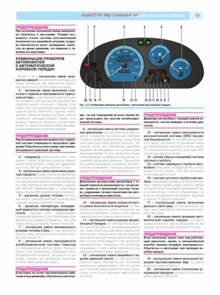 expert22 for http://youtracker.net ствоавтомобиля 19
1 2 3 4 5 6
20 19 18 17 16 15 14 13 12 11 10 9 8 7
Рис. 1.9. Комбинация приборов автомобиля с автоматической коробкой передач
ПРЕДУПРЕЖДЕНИЕ________________
При загорании сигнальной лампы немедлен­
но обратитесь в автосервис. Помимо воз­
можного отказа системы дополнительной
безопасности в аварийной ситуации, подуш­
ки безопасности могут неожиданно срабо­
тать во время движения, что приведет к тя­
желым последствиям.
КОМБИНАЦИЯ ПРИБОРОВ
АВТОМОБИЛЕЙ
С АВТОМАТИЧЕСКОЙ
КОРОБКОЙ ПЕРЕДАЧ
1 (рис. 1.9) - сигнальная лампа неза­
крытых дверей (со светофильтром красного
цвета) загорается при включенном зажига­
нии, если открыта хотя бы одна из дверей.
2 - сигнальная лампа включения стоя­
ночного тормоза и неисправности тормоз­
ной системы (со светофильтром красного цве­
та) загорается при включенном зажигании при
поднятом рычаге стояночного тормоза. Если
лампа горит при включенном зажигании и опу­
щенном рычаге стояночного тормоза, значит
уровень тормозной жидкости в бачке главного
тормозного цилиндра слишком низкий. Если
уровень тормозной жидкости соответствует
норме, то горение сигнальной лампы указывает
на неисправности втормозной системе.
ПРЕДУПРЕЖДЕНИЕ________________
При возникновении неисправности втормоз­
ной системе запрещается продолжать дви­
жение! Обратитесь вавтосервис для провер­
ки и ремонта тормозной системы.
3 - спидометр электронного типа. Пока­
зывает, с какой скоростью в данный момент
движется автомобиль. Шкала проградуирова­
на от 0 до 180 км/ч, цена деления 10 км/ч.
4 - контрольные лампы включения указа­
теля поворота (в виде стрелки со светофильт­
ром зеленого цвета) загорается мигающим све­
том при включении указателя поворота (синхрон­
но с ним). Мигание контрольной лампы с удвоен­
ной частотой свидетельствует о перегорании
лампы в каком-либо указателе левого поворота.
5 - указатель уровня топлива электро­
магнитного принципа действия. Красная зона
означает резервный остаток топлива.
6 - указатель температуры охлаждаю­
щей жидкости в системе охлаждения дви­
гателя. Красная зона предупреждает
о перегреве двигателя. Если стрелка перешла в
красную зону, следует остановиться, дать дви­
гателю остыть и устранить причину перегрева.
7 - сигнальная лампа минимального
резерва топлива в баке (со светофильтром
желтого цвета) загорается при остатке топли­
ва в баке менее 10 л.
8 - сигнальная лампа неисправности
антиблокировочной системы тормозов
(со светофильтром желтого цвета). Функцио­
нирует, если автомобиль оборудован анти-
блокировочной системой. Загорается на од-
ну-две секунды при включении зажигания
и гаснет через несколько секунд.
ПРЕДУПРЕЖДЕНИЕ________________
Если лампа не гаснет при включенном зажи­
гании и придвижении, обратитесь вавтосер­
вис, так как торможение во всех случаях бу­
дет происходить без участия антиблокиро-
вочной системы.
9 - сигнальная лампа системы управле­
ния двигателем (со светофильтром желтого
цвета). Загорается при включении зажигания
и горит во время пуска двигателя. Сразу после
пуска двигателя лампа должна погаснуть. За­
горание лампы при работающем двигателе
указывает на неисправность в системе управ­
ления двигателем. В этом случае блок управ­
ления переходит на резервную программу что
позволяет продолжать движение. При загора­
нии лампы необходимо проверить электрон­
ный блок управления с помощью функции са­
модиагностики и устранить неисправность.
ПРЕДУПРЕЖДЕНИЕ________________
Длительная эксплуатация автомобиля с го­
рящей лампой не рекомендуется, так как мо­
жет привести к увеличению расхода топли­
ва, ухудшению тяговых характеристик авто­
мобиля и поломкам двигателя.
10 - сигнальная лампа непристегнуто-
го ремня безопасности водителя (со све­
тофильтром красного цвета) загорается при
включении зажигания и гаснет после присте­
гивания водителя ремнем безопасности
11 - сигнальная лампа разряда аккуму­
ляторной батареи (со светофильтром крас­
ного цвета) загорается при включении зажига­
ния. Сразу после пуска двигателя лампа долж­
на погаснуть. Горение лампы или ее свечение
вполнакала при работающем двигателе указы­
вает на отсутствие зарядного тока, вызванное
неисправностью генератора или регулятора
напряжения, а также слабым натяжением (или
обрывом) ремня привода генератора.
12 - сигнальная лампа аварийного па­
дения давления масла (со светофильтром
красного цвета) загорается при включении
зажигания и предупреждает о том, что давле­
ние в системе смазки двигателя ниже нормы.
Сразу после пуска двигателя лампа должна
погаснуть.
ПРЕДУПРЕЖДЕНИЕ________________
Движение автомобиля с горящей лампой за­
прещается, так как приведет к поломке дви­
гателя.
13 - сигнальная лампа неисправности
дополнительной системы (SRS) пассив­
ной безопасности (со светофильтром крас­
ного цвета). Загорается на три-четыре секун­
ды при включении зажигания, а затем гаснет
Если возникла неисправность в системе SRS,
сигнальная лампа не гаснет
14 - кнопка сброса показаний счетчика
суточного пробега.
15 - счетчик суммарного пробега авто­
мобиля показывает пройденный путь в кило­
метрах. После пробега 1 000 000 км начина­
ется новый цикл отсчета.
16 - счетчик суточного пробега автомо­
биля. Показывает пройденный путь в киломе­
трах, крайняя правая цифра счетчика (черная
на сером фоне) показывает пройденный путь
в сотнях метров. Счетчик устанавливают на
ноль на неподвижном автомобиле нажатием
на кнопку 14 сброса показаний
17 - контрольная лампа включения
дальнего света фар (со светофильтром си­
него цвета) загорается при включении даль­
него света фар.
18 - сигнальная лампа проверки авто­
матической коробки передач (со свето­
фильтром желтого цвета) загорается на три
секунды при включении зажигания и гаснет
ПРЕДУПРЕЖДЕНИЕ________________
Если сигнальная лампа горит при работаю­
щем двигателе, значит, в автоматической
коробке передач возникла неисправность.
Обратитесь в автосервис для проверки ко­
робки передач.
19 - контрольная лампа включения пе­
редних противотуманных фар (со свето­
фильтром зеленого цвета).
20 - сигнальная лампа отключения ус­
коряющей передачи загорается при выклю­
чении режима OVERDRIVE.
 