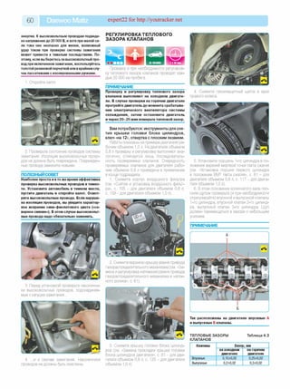 60 Daewoo Matiz expert22 for http://youtracker.net
энергии. К высоковольтным проводам подведе­
нонапряжениедо 20 000 В, ихотя при малой си­
ле тока оно неопасно для жизни, возможный
удар током при проверке системы зажигания
может привести к тяжелым последствиям. По­
этому, если выберетесьза высоковольтный про­
водпри включенном зажигании, воспользуйтесь
толстой резиновой перчаткой или вкрайнемслу­
чае пассатижами с изолированными ручками.
1. Откройте капот
2. Проверьте состояние проводов системы
зажигания. Изоляция высоковольтных прово­
дов не должна быть повреждена. Поврежден­
ные провода замените новыми.
ПОЛЕЗНЫЙ СОВЕТ
Наиболее проста и вто же время эффективна
проверка высоковольтных проводов в темно­
те. Установите автомобиль в темном месте,
пустите двигатель и откройте капот. Осмот­
рите высоковольтные провода. Если наруше­
на изоляция проводов, вы увидите характер­
ное искрение сине-фиолетового цвета («се­
верное сияние»). В этом случае высоковольт­
ные провода надо обязательно заменить.
3. Перед установкой проверьте наконечни­
ки высоковольтных проводов, подсоединяе­
мые к катушке зажигания.
4. .и к свечам зажигания. Наконечники
проводов не должны быть окислены.
РЕГУЛИРОВКА ТЕПЛОВОГО
ЗАЗОРА КЛАПАНОВ
Проверку и при необходимости регулиров­
ку теплового зазора клапанов проводят каж­
дые 20 000 км пробега.
ПРИМЕЧАНИЕ
Проверку и регулировку теплового зазора
клапанов выполняют на холодном двигате­
ле. В случае проверки на горячем двигателе
прогрейте двигатель до момента срабатыва­
ния электрического вентилятора системы
охлаждения, затем остановите двигатель
и через 20-25 мин измерьте тепловой зазор.
Вам потребуются: инструменты для сня­
тия крышки головки блока цилиндров,
ключ «на 12», отвертка с плоским лезвием.
Работы показаны на примере двигателя ра­
бочим объемом 1,0л. На двигателе объемом
0,8 л проверку и регулировку выполняют ана­
логично, отличается лишь последователь­
ность проверяемых клапанов. Очередность
проверяемых клапанов для двигателя рабо­
чим объемом 0,8 л приведена в примечании
в конце подраздела.
1. Снимите корпус воздушного фильтра
(см. «Снятие и установка воздушного фильт­
ра», с. 105 - для двигателя объемом 0,8 л;
с. 159-д ля двигателя объемом 1,0 л).
3. Снимите крышку головки блока цилинд­
ров (см. «Замена прокладки крышки головки
блока цилиндров двигателя», с. 81 - для дви­
гателя объемом 0,8 л; с. 120 - для двигателя
объемом 1,0 л).
4. Снимите грязезащитный щиток в арке
правого колеса.
5. Установите поршень 1-го цилиндра в по­
ложение верхней мертвой точки такта сжатия
(см. «Установка поршня первого цилиндра
в положение ВМТ такта сжатия», с. 81 - для
двигателя объемом 0,8 л; с. 117 - для двига­
теля объемом 1,0 л).
6. В этом положении коленчатого вала пло­
ским щупом проверьте (и при необходимости
отрегулируйте) впускной и выпускной клапаны
1-го цилиндра, впускной клапан 2-го цилинд­
ра, выпускной клапан 3-го цилиндра. Щуг
должен перемещаться в зазоре с небольшим
усилием.
ПРИМЕЧАНИЕ
2. Снимите верхнюю крышку ремня привода
газораспределительного механизма (см. «За­
мена и регулировка натяжения ремня привода
газораспределительного механизма и натяж­
ного ролика», с. 61)
Так расположены на двигателе впускные А
и выпускные Б клапаны.
ТЕПЛОВЫЕ ЗАЗОРЫ
КЛАПАНОВ
Таблица 4.3
Клапаны Зазор, мм
нахолодном
двигателе
на горячем
двигателе
Впускные 0,15±0,02 0,25±0,02
Выпускные 0,2±0,02 0,3±0,02
 