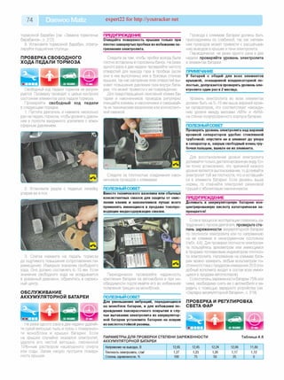 74 Daewoo Matiz expert22 for http://youtracker.net
тормозной барабан (см.
барабанов», с. 212).
9. Установите тормозной барабан, отрегу
лируйте подшипник ступицы.
ПРОВЕРКА СВОБОДНОГО
ХОДА ПЕДАЛИ ТОРМОЗА
Замена тормозных ПРЕДУПРЕЖДЕНИЕ
Свободный ход педали тормоза не регули­
руется. Проверку проводят с целью контроля
состояния элементов узла педали тормоза.
Проверяйте свободный ход педали
в следующем порядке.
1. Пустите двигатель и нажмите несколько
раз на педаль тормоза, чтобы уровнять давле­
ние в полости вакуумного усилителя с атмо­
сферным давлением.
2. Установите рядом с педалью линейку
уперев ее в пол.
Очищайте поверхность крышки только при
плотно завернутых пробках во избежание за­
грязнения электролита.
Следите за тем, чтобы пробки всегда были
плотно вставлены в горловины банок. Не реже
одного раза в две недели проверяйте чистоту
отверстий для выхода газа в пробках (если
они в них выполнены) или в боковых стенках
крышки, так как засорение этих отверстий вы­
зовет повышение давления газа внутри бата­
реи, что может привести к ее повреждению.
Для предотвращения окисления клемм ба­
тареи и наконечников проводов регулярно
очищайте клеммы и наконечники и смазывай­
те ихтехническим вазелином или консистент­
ной смазкой.
Следите за плотностью соединения нако­
нечников проводов с клеммами.
ПОЛЕЗНЫЙ СОВЕТ
Вместо технического вазелина или обычных
консистентных смазок для защиты от окис­
ления клемм и наконечников лучше всего
применять имеющиеся в продаже токопро­
водящие медесодержащие смазки.
3. Слегка нажмите на педаль тормоза
до ощутимого повышения сопротивления пе­
ремещению. Измерьте значение свободного
хода. Оно должно составлять 6-10 мм. Если
значение свободного хода не укладывается
в указанный диапазон, обратитесь в сервис­
ный центр.
ОБСЛУЖИВАНИЕ
АККУМУЛЯТОРНОЙ БАТАРЕИ
Провода к клеммам батареи должны быть
присоединены со слабиной, так как натяже­
ние проводов может привести к расшатыва­
нию выводов в крышке и течи электролита.
Периодически, не реже одного раза в две
недели проверяйте уровень электролита
в элементах батареи.
ПРИМЕЧАНИЕ
У батарей с общей для всех элементов
крышкой, оснащенной конденсаторной по­
лостью, допускается проверять уровень эле­
ктролита один раз в 2 месяца.
Уровень электролита во всех элементах
должен быть на 5-10 мм выше верхней кром­
ки сепараторов, что соответствует нахожде­
нию уровня между метками «MIN» и «MAX»
на стенке полупрозрачного корпуса батареи.
ПОЛЕЗНЫЙ СОВЕТ
Проверять уровень электролита над верхней
кромкой сепараторов удобно стеклянной
трубочкой: опустите ее в элемент до упора
в сепаратор и, закрыв свободный конец тру­
бочки пальцем, выньте ее из элемента.
Для восстановления уровня электролита
доливайте только дистиллированную воду Ес­
ли точно установлено, что причиной низкого
уровня является выплескивание, то доливайте
электролит той же плотности, что и оставший­
ся в элементе батареи. Если уровень выше
нормы, то откачайте электролит резиновой
грушей с эбонитовым наконечником.
ПРЕДУПРЕЖДЕНИЕ
Не реже одного раза в две недели удаляй­
те сухой ветошью пыль и грязь с поверхнос­
ти моноблока и крышки батареи. Если
на крышке случайно оказался электролит,
удалите его чистой ветошью, смоченной
10%-ным раствором нашатырного спирта
или соды. Затем насухо протрите поверх­
ность крышки.
Периодически проверяйте надежность
крепления батареи на автомобиле и при не­
обходимости подтягивайте его во избежание
появления трещин на моноблоке.
ПОЛЕЗНЫЙ СОВЕТ
Для уменьшения вибраций, передающихся
на моноблок батареи, и для избежания по­
вреждения лакокрасочного покрытия в слу­
чае вытекания электролита из аккумулятор­
ной батареи установите батарею на коврик
из кислотостойкой резины.
ПАРАМЕТРЫ ДЛЯ ПРОВЕРКИ СТЕПЕНИ ЗАРЯЖЕННОСТИ
АККУМУЛЯТОРНОЙ БАТАРЕИ
Доливать в аккумуляторную батарею кон­
центрированную кислоту категорически за­
прещается!
Если в процессе эксплуатации появились за­
труднения с пуском двигателя, проверьте сте­
пень заряженности аккумуляторной батареи
по плотности электролита или по напряжению
на ее клеммах в ненагруженном состоянии
(табл. 4.6). Для проверки плотности электроли­
та пользуйтесь ареометром или имеющимся
в продаже поплавковым индикатором плотнос­
ти электролита. Напряжение на клеммах бата­
реи можно измерить любым вольтметром по­
стоянного тока с пределом измерения 20 В (по­
добный вольтметр входит в состав всех имею­
щихся в продаже автотестеров).
Если степень заряженности батареи 75% или
ниже, необходимо снять ее с автомобиля и за­
рядить с помощью зарядного устройства (см.
«Зарядка аккумуляторной батареи», с. 219).
ПРОВЕРКА И РЕГУЛИРОВКА
СВЕТА ФАР
Таблица 4.6
Напряжение на выводах, В 12,65 12,45 12,24 12,06 11,80
Плотность электролита, г/см3 1,27 1,23 1,20 1,17 1,12
Степень заряженности, % 100 75 50 25 0
 