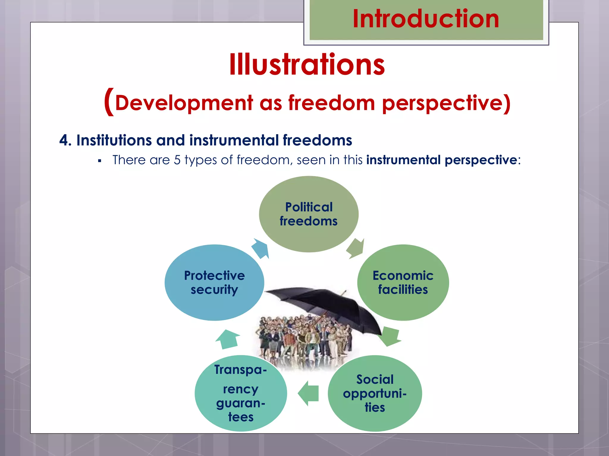 4. Institutions and instrumental freedoms
 There are 5 types of freedom, seen in this instrumental perspective:
Introduction
Illustrations
(Development as freedom perspective)
Political
freedoms
Economic
facilities
Social
opportuni-
ties
Transpa-
rency
guaran-
tees
Protective
security
 
