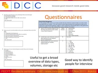 Questionnaires Good way to identify people for interview Useful to get a broad overview of data types, volumes, storage etc 