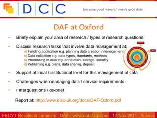 DAF at Oxford Briefly explain your area of research / types of research questions Discuss research tasks that involve data management at: Funding application e.g. planning data creation / management Data collection e.g. data types, standards, methods Processing of data e.g. annotation, storage, security Publishing e.g. plans, data sharing, deposit Support at local / institutional level for this management of data Challenges when managing data / service requirements Final questions / de-brief Report at:  http://www.disc-uk.org/docs/DAF-Oxford.pdf   