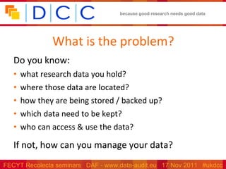 What is the problem? Do you know: what research data you hold? where those data are located? how they are being stored / backed up? which data need to be kept? who can access & use the data? If not, how can you manage your data? 