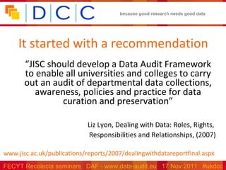 It started with a recommendation “ JISC should develop a Data Audit Framework to enable all universities and colleges to carry out an audit of departmental data collections, awareness, policies and practice for data curation and preservation” Liz Lyon, Dealing with Data: Roles, Rights,  Responsibilities and Relationships, (2007) www.jisc.ac.uk/publications/reports/2007/dealingwithdatareportfinal.aspx   