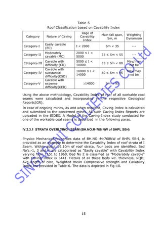 15
Table-5
Roof Classification based on Cavability Index
Category Nature of Caving
Rage of
Cavability
Index
Main fall span,
Sm, m
Weighting
Dynamism
Category-I
Easily cavable
(EC)
I < 2000 Sm < 35 ---
Category-II
Moderately
cavable (MC)
2000 ≤ I <
5000
35 ≤ Sm < 55 ---
Category-III
Cavable with
difficulty (CD)
5000 ≤ I <
10000
55 ≤ Sm < 80
May/may
not be
Category-IV
Cavable with
substantial
difficulty(CSD)
10000 ≤ I <
14000
80 ≤ Sm < 95
May/may
not be
Category-V
Cavable with
extreme
difficulty(CED)
14000 Sm  95
Using the above methodology, Cavability Index of roof of all workable coal
seams were calculated and incorporated in the respective Geological
Reports(GR).
In case of ongoing mines, as and when required, Caving Index is calculated
and submitted to the concerned mines. All such Caving Index Reports are
uploaded in the SIDEX. A Model of the Caving Index study conducted for
one of the workable coal seams is described in the following paras.
IV.2.3.1 STRATA OVERLYING I SEAM (BH.NO.M-768 NW of BHPL SB-I)
Physico Mechanical Properties data of BH.NO.-M-768NW of BHPL SB-I, is
provided as an example to determine the Cavability Index of roof strata of I
Seam. Within about 29.10m of roof strata, four beds are identified. Bed
No's.-1, 3 and 4 are categorised as "Easily cavable" with Cavability Index
varying from 1151 to 1960. Bed No 2 is classified as "Moderately cavable"
with Caving Index is 3441. Details of all these beds viz. thickness, RQD,
Avg.length of core, Weighted mean Compressive strength and Cavability
Index are provided in Table-6. The data is depicted in Fig-10.
 