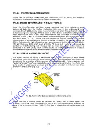 19
IV.3.1.2 STRESSFIELD DETERMINATION
Stress field of different blocks/mines are determined both by testing and mapping
techniques. Details are furnished in the following paragraphs.
IV.3.1.3 STRESS DETERMINATION THROUGH TESTING
Using the Hydrofracturing technique, stress magnitude and stress orientation were
determined both from the Surface Exploration BH"s and in the underground mine
workings. In July 2001, in-situ stress measurements were taken through hydro fracturing
tests in underground workings of the III seam of KTK-5 Incline by the National Institute of
Rock Mechanics.In 2004, in-situ stress measurement was conducted by Central Mining
Research Station (CMRI) in the ShanthiKhani mine in underground workings in association
with MeSy India Ltd. SCCL is the first coal company in India to conduct in-situ stress
measurement at several horizons through a surface borehole in the GDK-8A incline by
CMRI. Subsequently, hydro fracturing tests were conducted in the Adriyala shaft block,
KTK LW block and BHPL shaft block of SCCL. All these test results are computed by
conducting Hydrofracturing test. However for the first time, Over coring method is
conducted in the KTK LW by NIRM and the results are awaited. The details of all above
tests of the blocks/mines are summarized and furnished in Table-8.
IV.3.1.4 STRESS MAPPING TECHNIQUE
The stress mapping technique is extensively used in many countries to avoid heavy
expenditure on conducting in-situ stress measurements. Procedures have been developed
to estimate the orientation of the maximum principal stress (1). Features such as roof
“guttering” or roof “pots” are mapped along with structural discontinuities (i.e., fault, slip,
joint, cleat) in underground workings and the stress direction is inferred from their
orientation and severity (Fig -12).
Fig-12. Relationship between stress orientation and joints
Stress direction of various mines are provided in Table-8 and all these reports are
uploaded into SIDEx. Using this mapping technique, Principal Stress direction is derived for
some of the underground mines (Table-9). This data is validated with Hydrofracturing test
data.
 