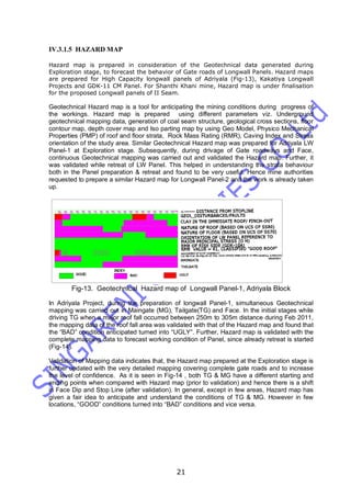 21
IV.3.1.5 HAZARD MAP
Hazard map is prepared in consideration of the Geotechnical data generated during
Exploration stage, to forecast the behavior of Gate roads of Longwall Panels. Hazard maps
are prepared for High Capacity longwall panels of Adriyala (Fig-13), Kakatiya Longwall
Projects and GDK-11 CM Panel. For Shanthi Khani mine, Hazard map is under finalisation
for the proposed Longwall panels of II Seam.
Geotechnical Hazard map is a tool for anticipating the mining conditions during progress of
the workings. Hazard map is prepared using different parameters viz. Underground
geotechnical mapping data, generation of coal seam structure, geological cross sections, floor
contour map, depth cover map and Iso parting map by using Geo Model, Physico Mechanical
Properties (PMP) of roof and floor strata, Rock Mass Rating (RMR), Caving Index and Stress
orientation of the study area. Similar Geotechnical Hazard map was prepared for Adriyala LW
Panel-1 at Exploration stage. Subsequently, during drivage of Gate roadways and Face,
continuous Geotechnical mapping was carried out and validated the Hazard map. Further, it
was validated while retreat of LW Panel. This helped in understanding the strata behaviour
both in the Panel preparation & retreat and found to be very useful. Hence mine authorities
requested to prepare a similar Hazard map for Longwall Panel-2 and the work is already taken
up.
Fig-13. Geotechnical Hazard map of Longwall Panel-1, Adriyala Block
In Adriyala Project, during the preparation of longwall Panel-1, simultaneous Geotechnical
mapping was carried out in Maingate (MG), Tailgate(TG) and Face. In the initial stages while
driving TG when a major roof fall occurred between 250m to 305m distance during Feb 2011,
the mapping data of the roof fall area was validated with that of the Hazard map and found that
the “BAD” condition anticipated turned into “UGLY”. Further, Hazard map is validated with the
complete mapping data to forecast working condition of Panel, since already retreat is started
(Fig-14).
Validation of Mapping data indicates that, the Hazard map prepared at the Exploration stage is
further updated with the very detailed mapping covering complete gate roads and to increase
the level of confidence. As it is seen in Fig-14 , both TG & MG have a different starting and
ending points when compared with Hazard map (prior to validation) and hence there is a shift
in Face Dip and Stop Line (after validation). In general, except in few areas, Hazard map has
given a fair idea to anticipate and understand the conditions of TG & MG. However in few
locations, “GOOD” conditions turned into “BAD” conditions and vice versa.
 