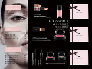 基础彩妆	
最简单的必备单品
升级彩妆	
着重眼妆神韵气色 
全效彩妆	
顶级女神礼盒 
产品
 市场价值
魅可时尚唇膏
 190	
魅可时尚前线眼线液
 200	
魅可定制指甲油	 100	
490	
GLOSSYBOX
M.A.C专属礼盒
推荐礼盒搭配
产品
 市场价值
魅可唇颊淡彩霜	 230	
魅可双色塑型眉粉
 180	
魅可明晰纤翘睫毛膏
 210	
620	
产品
 市场价值
魅可时尚前线眼线液
 200	
魅可时尚焦点小眼影
 155	
魅可明晰纤翘睫毛膏
 210	
魅可唇颊淡彩霜	 230	
魅可定制遮瑕笔
 170	
965	
 