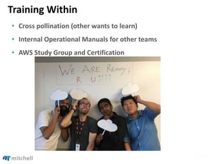 Training Within
• Cross pollination (other wants to learn)
• Internal Operational Manuals for other teams
• AWS Study Group and Certification
 