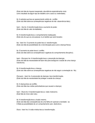 (Este odu fala da riqueza inesperada, abundância especialmente vindo
como resultado de algum tipo de trabalho com a auto ou criatividade).


Ibi: A estrada que leva ao aparecimento súbito de conflito
(Este odu fala sobre as consequências negativas da não -observância tabu).


Iwori ± Ika Ire: A transformação leva a aumento do poder.
(Este odu fala do valor da lealdade).


Ibi: A transformação leva a comportamento inadequado.
(Este odu diz que se uma pessoa é um ladrão que será travado).


Ika - Iwori Ire: O aumento do poder leva à transformação.
(Este odu fala da possibilidade de a reivindicação para curar a doença física).


Ibi: O aumento do poder leva à conflito.
(Este odu fala sobre as conseqüências n egativas do comportamento disruptivo).


Iwori - Oturupon Ire: A transformação leva a prevenção de doenças.
(Este odu fala da necessidade de fazer ebo para assegurar a saúde de uma criança
nascituros).


Ibi: A transformação leva a doença.
(Este odu fala sobre as consequências negativas de não seguir a orientação do Ifa).


Oturupon - Iwori Ire: A prevenção de doenças leva transformação.
(Este odu fala da necessidade de proteger a saúde da criança).


Ibi: A doença leva ao conflito.
(Este odu fala das visões perturbadoras que causam a doença).


Iwori - Otura Ire: A transformação leva a visão misticismo.
(Este fala do início valor odu).


Ibi: A transformação leva a ilusão mesmo.
(Este odu fala das conseqüências de uma falha em apreciar a bondade ea
A Bela ea possibilidade de um comportamento auto -destrutivo).


Otura - Iwori Ire: A visão mística leva a transformação.
 