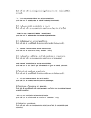 (Este odu fala sobre as consequências negativas de uma não - responsabilidade
comunal).


Odi - Otura Ire: O renascimento leva a visão misticismo.
(Este odu fala da necessidade de manter fortes laços familiares).


Ibi: A mudança arbitrária leva ao delírio si mesmo.
(Este odu fala sobre as consequências negativas da dispersão da família).


Otura - Odi Ire: A visão mística leva a renascimento.
(Este odu fala da possibilidade de uma herança de família).


Ibi: A ilusão de auto leva a mudança arbitrária.
(Este odu fala da possibilidade de sérios problemas de relacionamento).


Odi - Irete Ire: O renascimento leva a determinação.
(Este odu fala de limpeza da cabeça levando a fama).


Ibi: A mudança leva a arbitrária o obstinada resistência do renascimento.
(Este odu fala sobre as consequências negativas de ser preguiçoso).


Irete - Odi Ire: A determinação leva a renascimento.
(Este odu fala da boa fortuna que vem através da ajuda de outros pessoas).


Ibi: Teimosia cria resistência renascimento.
(Este odu fala da possibilidade de sérios problemas no relacionamento).


Odi - Ose Ire: O renascimento leva a abundância.
(Este odu fala de sucesso em um conflito que se segue.)


Ibi: Resistência à Renascença tem ganância.
(Este fala da possibilidade odu e perigoso para conhecer uma pessoa carregando
uma sério conflito).


Ose - Odi Ire: Abundância leva ao renascimento
(Este odu fala da necessidade de compaixão conforme o caso).


Ibi: Cobiça leva à resistência.
(Este odu fala sobre as consequências negativas da falta de preparação para
o conflito).
 