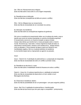 Odi - Òfún Ire: Renascimento leva milagres.
(Este odu fala sobre a boa sorte d e uma viagem inesperada).


Ibi: Resistência leva à disfunção.
(Este odu fala das conseqüências da falha em prever o conflito).


Òfún - Odi Ire: Milagres levar ao renascimento.
(Este odu fala da necessidade de ver a bondade nos outros).


Ibi: disfunção cria resistência.
(Este odu fala sobre as consequências negativas da ganância).


Odi como a investidura do renascimento refere -se à mudança de mente, corpo e
espírito que ocorre em pontos importantes no caminho da disciplina espiritual.
O renascimento ocorre em um ritual de iniciação na época iniciada
nossas vidas diárias que transformam a nossa percepção sobre o mesmo
mundo. Ifá ensina que, mais tarde, o tempo original da criação de todos os
nascimento é renascimento, renascer como estrela de luz, estrela renasce
como os planetas, a Terra renascer da água e assim por diante.Em seu
manifestação negativa, Odi é ou mudança arbitrária na resistência
é uma transformação real ou inapropriado se agarram ao passado.


Irosun

Irosun - Owonrin Ire: A sati sfação do potencial leva a a preparação do inesperado.
(Este odu fala da necessidade de evitar um conflito e promete muita).


Ibi: Resistência ao alvo leva à o caos.
(Este odu fala sobre a instabilidade mental do fracasso em evitar o conflito).


Owonrin - Irosun Ire: A mudança repentina leva a satisfação em potencial.
(Este odu fala da necessidade de desenvolver um bom caráter e ouvir
Mensagens dos Sonhos).


Ibi: Chaos leva à resistência destino.
(Este odu fala da possibilidade de ser um personagem ruim para vergonha público).


Irosun - Bar O Ire: A satisfação do potencial leva a transformação.
(Este odu fala da boa fortuna que vem para viajar e compartilhar conhecimento).
 