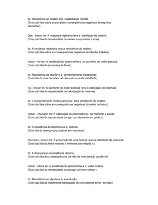 Ibi: Resistência ao destino cria instabilidade mental.
(Este odu fala sobre as possíveis conseqüências negativas de espíritos
elementar).


Osa - Irosun Ire: A mudança repentina leva a satisfação do destino.
(Este odu fala da necessidade de relaxar e aproveitar a vida).


Ibi: A mudança repentina leva a resistência do destino.
(Este odu fala sobre as consequências negativas de não dar trababo).


Irosun - Ire Ika: A satisfação do potencial leva ao aumento do poder pessoal.
(Este odu fala da promessa de fama).


Ibi: Resistência ao alvo leva à comportamento inadequado.
(Este fala de más decisões odu levando a saúde debilitada).


Ika - Irsoun Ire: O aumento do poder pessoal leva à satisfação de potencial.
(Este odu fala da necessidade de valorização do mesmo).


Ibi: o comportamento inadequado leva para resistência do destino.
(Este odu fala sobre as consequências negativas do medo do futuro).


Irosun - Oturupon Ire: A satisfação do potencial leva ao melhorar a saúde.
(Este odu fala da necessidade de agir corr etamente em público).


Ibi: A resistência do destino leva a doença.
(Este fala da doença odu possível em nascituro).


Oturupon - Irosun Ire: A prevenção de uma doença leva à satisfação de potencial.
(Este odu fala da fama levando a melhoria das relaçõe s).


Ibi: A doença leva à resistência destino.
(Este odu fala das conseqüências da falta de manutenção saudável).


Irosun - Otura Ire: A satisfação do potencial leva a visão mística.
(Este odu fala da necessidade de abraçar um bom caráter).


Ibi: Resistência ao alvo leva à auto-ilusão.
(Este odu fala de tratamento inadequado de uma doença torna -se fatal.)
 