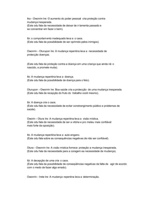 Ika - Owonrin Ire: O aumento do poder pessoal cria proteção contra
mudança inesperada.
(Este odu fala da necessidade de deixar de ir lamenta passado e
se concentrar em fazer o bem).


Ibi: o comportamento inadequado leva a o caos.
(Este odu fala da possibilidade de ser oprimido pelos inimigos).


Owonrin - Oturupon Ire: A mudança repentina leva a necessidade de
protecção doenças.


(Este odu fala da proteção contra a doença em uma criança que ainda nã o
nascido, e promete muita).


Ibi: A mudança repentina leva a doença.
(Este odu fala da possibilidade de doença para o feto).


Oturupon - Owonrin Ire: Boa saúde cria a protecção de uma mudança inesperada.
(Este odu fala da recepção do fruto do trabalho você mesmo).


Ibi: A doença cria o caos.
(Este odu fala da necessidade de evitar constrangimento público e problemas de
saúde).


Oworin - Otura Ire: A mudança repentina leva a visão mística.
(Este odu fala da necessidade de ser a vitória e pro meteu mais confiável
mais forte da oposição).


Ibi: A mudança repentina leva a auto-engano.
(Este odu fala sobre as consequências negativas de não ser confiável).


Otura - Owonrin Ire: A visão mística fornece proteção a mudança inesperada.
(Este odu fala da necessidade para a coragem ea necessidade de mudança).


Ibi: A decepção de uma cria o caos.
(Este odu fala da possibilidade de conseqüências negativas da falta de agir de acordo
com o medo de fazer algo errado).


Owonrin - Irete Ire: A mudança repentina leva a determinação.
 
