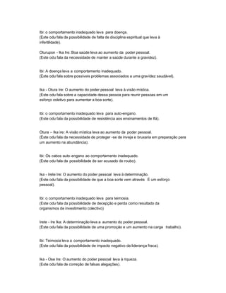 Ibi: o comportamento inadequado leva para doença.
(Este odu fala da possibilidade de falta de disciplina espiritual que leva à
infertilidade).

Oturupon - Ika Ire: Boa saúde leva ao aumento da poder pessoal.
(Este odu fala da necessidade de manter a saúde durante a gravidez).


Ibi: A doença leva a comportamento inadequado.
(Este odu fala sobre possíveis problemas associados a uma gravidez saudável).


Ika - Otura Ire: O aumento do poder pessoal leva à visão mística.
(Este odu fala sobre a capacidade dessa pessoa para reunir pessoas em um
esforço coletivo para aumentar a boa sorte).


Ibi: o comportamento inadequado leva para auto-engano.
(Este odu fala da possibilidade de resistência aos ensinamentos de Ifá).


Otura ± Ika ire: A visão mística leva ao aumento da poder pessoal.
(Este odu fala da necessidade de proteger -se de inveja e bruxaria em preparação para
um aumento na abundância).


Ibi: Os cabos auto-engano ao comportamento inadequado.
(Este odu fala da possibilidade de ser acusado de roubo).


Ika - Irete Ire: O aumento do poder pessoal leva à determinação.
(Este odu fala da possibilidade de que a boa sorte vem através É um esforço
pessoal).


Ibi: o comportamento inadequado leva para teimosia.
(Este odu fala da possibilidade de decepção e perda como resultado da
organismos de investimento colectivo)


Irete - Ire Ika: A determinação leva a aumento do poder pessoal.
(Este odu fala da possibilidade de uma promoção e um aumento na carga trabalho).


Ibi: Teimosia leva a comportamento inadequado.
(Este odu fala da possibilidade de impacto negativo da liderança fraca).


Ika - Ose Ire: O aumento do poder pessoal leva à riqueza.
(Este odu fala de correção de falsas alegações).
 