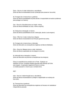 Otura - Ose Ire: A visão mística leva a abundância.
(Este odu fala da necessidade de auto -protecção para preservar boa sorte).


Ibi: O engano de si mesmo leva a ganância.
(Este odu fala da possibilidade de perda devido à incapacidade de resolver problemas
para proteger a si mesmo).


Ose - Otura Ire: Abundância leva ao insight mística.
(Este odu fala da fertilidade do corpo, mente e espírito).


Ibi: Cobiça leva à decepção si mesmo.
(Este odu fala da possibilidade de auto -destruição, devido à auto-engano).


Otura - Òfún Ire: A visão mística leva milagres
(Este odu fala da necessidade de ser fiel para garantir boa sorte).


Ibi: O engano de si mesmo leva a disfunção.
(Este odu fala sobre as consequências negativas da falta de fidelidade).


Òfún - Otura Ire: Milagres tomar a visão misticismo.
(Este odu fala da capacidade de criar alegria no mundo).


Ibi: disfunção leva a decepção si mesmo.
(Este odu fala sobre as possíveis conseqüências da amargura).


Otura é a experiência de conexão com a Fonte. Qualquer um
identificar os erros cometidos desejos pessoais está sofrendo da Fonte
auto-engano. A expressão negativa de Otura é a crença
a vontade pessoal é o mesmo que a vontade divina.


IRET


Irete - Ose Ire: A determinação leva a abundância.
(Este odu fala da necessidade de proteger a negatividade na mudança de
boa sorte).


Ibi: Teimosia leva a ganância.
(Este odu fala sobre as conseqüências negativas do fracasso em estabelecer
independência pessoal).
 