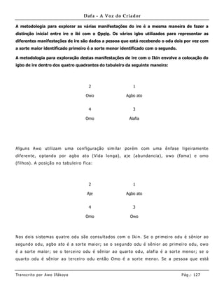Dafa - A Voz do Criador

A metodologia para explorar as várias manifestações do ire é a mesma maneira de fazer a
distinção inicial entre ire e ibi com o Opele. Os vários igbo utilizados para representar as
diferentes manifestações de ire são dados a pessoa que está recebendo o odu dois por vez com
a sorte maior identificado primeiro é a sorte menor identificado com o segundo.

A metodologia para exploração destas manifestações de ire com o Ikin envolve a colocação do
igbo de ire dentro dos quatro quadrantes do tabuleiro da seguinte maneira:




                                     2                   1

                                   Owo                Agbo ato


                                     4                   3

                                   Omo                 Alafia




Alguns Awo utiliza m uma configuração similar porém com uma ênfase ligeiramente
diferente, optando por agbo ato (Vida longa), aje (abundancia), owo (fama) e omo
(filhos). A posição no tabuleiro fica:




                                     2                   1

                                    Aje               Agbo ato


                                     4                   3

                                   Omo                  Owo




Nos dois sistemas quatro odu são consultados com o Ikin. Se o primeiro odu é sênior ao
segundo odu, agbo ato é a sorte maior; se o segundo odu é sênior ao primeiro odu, owo
é a sorte maior; se o terceiro odu é sênior ao quarto odu, alafia é a sorte menor; se o
quarto odu é sênior ao terceiro odu então Omo é a sorte menor. Se a pessoa que está


Tran s cri t o por A wo If ákoya                                                  Pág .: 12 7
 