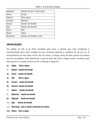 Dafa - A Voz do Criador

Obatala              Banha de Ori e efun (giz)
Yemo                 Cinza
Olokun               Efun (giz)
Yemoja               Melaço
Sango                Azeite de Dendê
Oya                  Azeite de Dendê
Osun                 Mel
Nana                 Água
Òrunmila             Azeite de Dendê e mel



INVOCAÇÃO

Em adição ao Ìbà e ao Oríkì recitados pelo Awo, a pessoa que está recebendo a
transformação deve dizer orações de seu interesse pedindo a mudança do ibi em ire. O
procedimento da reza deve incluir dar de comer a língua, tanto do Awo quanto da pessoa
que faz os pedidos. Para determinar o que se deve dar para a língua comer, verifique qual
odu aparece na perda direita de Ifá e ofereça o seguinte:

1)     Ogbè      Efun e água

2)     Oyekú Azeite de Dendê

3)     Ìwòrì    Azeite de Dendê

4)     Òdí      Efun e água

5)     Ìrosùn     Azeite de Dendê

6)     Oworin Azeite de Dendê

7)     Obàrà      Azeite de Dendê

8)     Okànràn      Azeite de Dendê

9)     Ògúndá       Azeite de Dendê

10)    Osá      Azeite de Dendê

11)    Òtúrúpon gim e ataare (pimenta da costa)

12)    Òtúrá    Efun e água


Tran s cri t o por A wo If ákoya                                            Pág .: 14 7
 