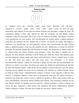 Dafa - A Voz do Criador

                                           Õkànràn Méjì




A -   madeira - dura - da -        floresta - usada - para - fazer - Osunsun - não - dá suco -
enquanto a - árvore - usada - para - fazer - Atori - dará - sumo; foi feito um jogo
divinatório para Sakoto no dia que ele estava faze ndo uma jornada à cidade de Owa . Ifá
aconselhou Sakoto a fazer ebó . Sakoto fez ebó . No momento em que Sakoto estava
viajando a Owa ele encontrou Èsù e deu a ele um bolinho de feijão. Èsù pegou o bolinho
e se transformou em uma mulher. Èsù transformado em mulher pediu a Sakoto qualquer
coisa que ele pudesse lhe dar. Sakoto deu a mulher um bolinho de feijão. Èsù pegou o
bolinhoo e se transformou em uma pequena criança. Èsù transformado em uma criança
pediu a Sakoto qualquer coisa que ele pudesse lhe dar. Sakoto deu a criança um bolinho
de feijão. Na jornada Sakoto deu três bolinhos de feijão. Èsù perguntou a Sakoto onde ele
ia. Sakoto disse ele estava fazendo uma jornada a Owa . Èsù disse a Sakoto que as
pessoas de Owa estavam sofre ndo a muito tempo por falta de chuva. Èsù apontou para
um ado (pequena cabaça usada para levar medicamentos) e disse a Sakoto para ir entre
os ado .     Èsù disse que alguns dos ado iriam dizer, "me arranque", e os outros
permaneceriam calados. Sakoto foi instruido a pegar um dos ado que permanecesse em
silêncio e a cortar o seu topo. Èsù disse que assim que Sakoto se aproximasse da entrada
de Owa, ele deveria erguer o ado acima de sua cabeça e deveria anunciar que ele estava
trazendo chuva. Sakoto fez como ele foi instruído e foi entrado na cidade dizendo; "povo
de Owa eu trago chuva". Imediatamente começou a chover. O dia seguinte o Ôba de Owa
instruiu o pregoeiro público a falar para as pessoas de Owa que ele queria conhecer o
estranho que disse que trouxe a chuva. Sakoto foi levado ao Ôba e este dividiu todas as
suas propriedades e pertences dando metade para Sakoto . Isto aconteceu naquele dia em
que Sakoto recebeu as bênçãos que ele procurou. Sakoto começou a cantar e dançar em
louvor ao Awo , enquanto o Awo louvou Ifá , enquanto Ifá louvou Olódùnmarè . Quando
Sakoto começou a cantar, Èsù pôs uma canção em sua boca. Sakoto cantou:




Tran s cri t o por A wo If ákoya                                                 Pág .: 16 6
 