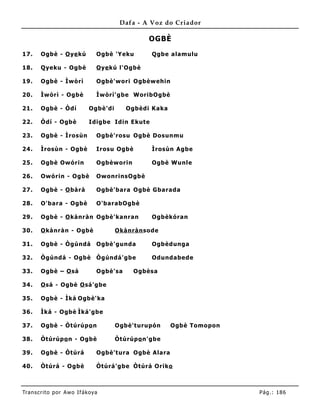 Dafa - A Voz do Criador

                                                OGBÈ

17.    Ogbè - O ye kú          Ogbè 'Yeku       Qgbe alamulu

18.    Qyeku - Ogbè            O ye kú l'Ogbè

19.    Ogbè - Ìwòrì            Ogbè'wori Ogbèwehin

20.    Ìwòrì - Ogbè            Ìwòrì'gbe WoribOgbè

21.    Ogbè - Òdí           Ogbè'di      Ogbèdi Kaka

22.    Òdí - Ogbè           Idigbe Idin Ekute

23.    Ogbè - Ìrosùn           Ogbè'rosu Ogbè Dosunmu

24.    Ìrosùn - Ogbè           Irosu Ogbè       Ìrosùn Agbe

25.    Ogbè Owórin             Ogbèworin        Ogbè Wunle

26.    Owórin - Ogbè           OwonrinsOgbè

27.    Ogbè - O bàrà           Ogbè'bara Ogbè Gbarada

28.    O'bara - Ogbè           O'barabOgbè

29.    Ogbè - O kànràn Ogbè'kanran              Ogbèkóran

30.    O kànràn - Ogbè                Okànràn sode

31.    Ogbè - Ògúndá           Ogbè'gunda       Ogbèdunga

32.    Ògúndá - Ogbè           Ògúndá'gbe       Odundabede

33.    Ogbè – O sá             Ogbè'sa      Ogbèsa

34.    O sá - Ogbè O sá'gbe

35.    Ogbè - Ìká Ogbè'ka

36.    Ìká - Ogbè Ìká'gbe

37.    Ogbè - Òtúrúpo n               Ogbè't urupón    Ogbè Tomopon

38.    Òtúrúpo n - Ogbè               Òtúrúpo n'gbe

39.    Ogbè - Òtúrá            Ogbè't ura Ogbè Alara

40.    Òtúrá - Ogbè            Òtúrá'gbe Òtúrá Oriko



Tran s cri t o por A wo If ákoya                                      Pág .: 18 6
 