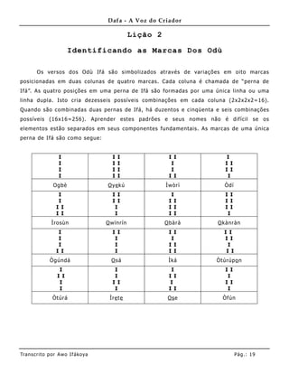Dafa - A Voz do Criador

                                              Lição 2

                       Identificando as Marcas Dos Odù

       Os versos dos Odù Ifá são simbolizados através de variações em oito marcas
posicionadas em duas colunas de quatro marcas. Cada coluna é chamada de “perna de
Ifá”. As quatro posições em uma perna de Ifá são formadas por uma única linha ou uma
linha dupla. Isto cria dezesseis possíveis combinações em cada coluna (2 x2x2 x2=16).
Quando são combinadas duas pernas de Ifá, há duzentos e cinqüenta e seis combinações
possíveis (16x16=256). Aprender estes padrões e seus nomes não é difícil se os
elementos estão separados em seus componentes fundame ntais. As marcas de uma única
perna de Ifá são como segue:


                  I                  I   I               I I           I
                  I                  I   I                I           I I
                  I                  I   I                I           I I
                  I                  I   I               I I           I
               Ogbè                O ye kú              Ìwòrì        Òdí
                  I                  I I                  I           I I
                  I                  I I                 I I          I I
                 I I                  I                  I I          I I
                 I I                  I                  I I           I
              Ìrosùn               O wïnrín             O bàrà     O kànràn
                  I                  I I                 I I         I I
                  I                   I                   I          I I
                  I                   I                  I I           I
                 I I                  I                  I I          I I
              Ògúndá                 O sá                Ìká       Òtúrúpo n
                  I                   I                   I           I I
                 I I                  I                  I I           I
                  I                  I I                  I           I I
                  I                   I                  I I           I
               Òtúrá                Ìre te               Os e        Òfún




Tran s cri t o por A wo If ákoya                                            Pág .: 19
 