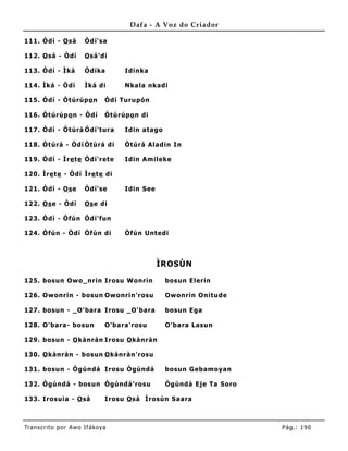 Dafa - A Voz do Criador

111. Òdí - O sá        Òdí'sa

112. O sá - Òdí        O sá'di

113. Òdí - Ìká         Òdíka        Idinka

114. Ìká - Òdí         Ìká di       Nkala nkadi

115. Òdí - Òtúrúpo n           Òdí Turupón

116. Òtúrúpo n - Òdí           Òtúrúpo n di

117. Òdí - Òtúrá Òdí'tura           Idin atago

118. Òtúrá - Òdí Òtúrá di           Òtúrá Aladin In

119. Òdí - Ìre te Òdí'rete          Idin Amileke

120. Ìre te - Òdí Ìre te di

121. Òdí - Os e        Òdí'se       Idin See

122. Os e - Òdí        Os e di

123. Òdí - Òfún Òdí'fun

124. Òfún - Òdí Òfún di             Òfún Untedi



                                               ÌROSÙN

125. bosun Owo_nrin Irosu Wonrin                 bosun Elerin

126. Owonrin - bosun Owonrin'rosu                Owonrin Onitude

127. bosun - _O'bara Irosu _O'bara               bosun Ega

128. O'bara- bosun             O'bara'rosu       O'bara Lasun

129. bosun - O kànràn Irosu O kànràn

130. O kànràn - bosun O kànràn'rosu

131. bosun - Ògúndá Irosu Ògúndá                 bosun Gebamoyan

132. Ògúndá - bosun Ògúndá'rosu                  Ògúndá Eje Ta Soro

133. Irosuia - O sá            Irosu O sá Ìrosùn Saara



Tran s cri t o por A wo If ákoya                                      Pág .: 19 0
 