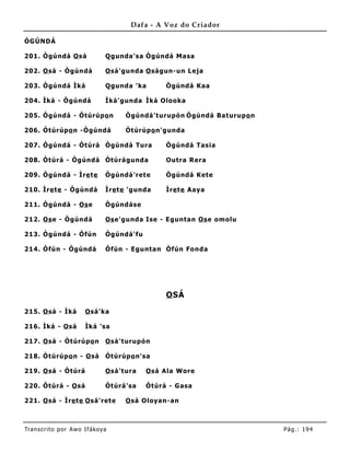 Dafa - A Voz do Criador

ÒGÚNDÁ

201. Ògúndá O sá               Qgunda'sa Ògúndá Masa

202. O sá - Ògúndá             O sá'gunda O ságun-un Leja

203. Ògúndá Ìká                Qgunda 'ka       Ògúndá Kaa

204. Ìká - Ògúndá              Ìká'gunda Ìká Olooka

205. Ògúndá - Òtúrúpo n             Ògúndá't urupón Ògúndá Baturupo n

206. Òtúrúpo n -Ògúndá              Òtúrúpo n'gunda

207. Ògúndá - Òtúrá Ògúndá Tura                 Ògúndá Tasia

208. Òtúrá - Ògúndá Òtúrágunda                  Outra Rera

209. Ògúndá - Ìre te           Ògúndá'ret e     Ògúndá Kete

210. Ìre te - Ògúndá           Ìre te 'gunda    Ìre te Aaya

211. Ògúndá - Os e             Ògúndáse

212. Os e - Ògúndá             Os e'gunda Ise - Eguntan Os e omolu

213. Ògúndá - Òfún             Ògúndá'fu

214. Òfún - Ògúndá             Òfún - Eguntan Òfún Fonda




                                                O SÁ

215. O sá - Ìká        O sá'ka

216. Ìká - O sá        Ìká 'sa

217. O sá - Òtúrúpo n          O sá'turupón

218. Òtúrúpo n - O sá          Òtúrúpo n'sa

219. O sá - Òtúrá              O sá'tura   O sá Ala Wore

220. Òtúrá - O sá              Òtúrá'sa    Òtúrá - Gasa

221. O sá - Ìre te O sá'rete        O sá Oloyan-an



Tran s cri t o por A wo If ákoya                                        Pág .: 19 4
 