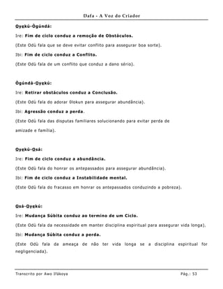 Dafa - A Voz do Criador

O ye kú-Ògúndá:

Ire: Fim de ciclo conduz a remoção de Obstáculos.

(Este Odù fala que se deve evitar conflito para assegurar boa sorte).

Ibi: Fim de ciclo conduz a Conflito.

(Este Odù fala de um conflito que conduz a dano sério).



Ògúndá -O ye kú:

Ire: Retirar obstáculos conduz a Co nclusão.

(Este Odù fala do adorar 0lokun para assegurar abundância).

Ibi: Agressão conduz a perda .

(Este Odù fala das disputas familiares solucionando para evitar perda de

amizade e família).



O ye kú-O sá:

Ire: Fim de ciclo conduz a abundâ ncia.

(Este Odù fala do honrar os antepassados para assegurar abundância).

Ibi: Fim de ciclo conduz a Instabilidade mental.

(Este Odù fala do fracasso em honrar os antepassados conduzindo a pobreza).



O sá-O ye kú:

Ire: Mudança Súbita conduz ao termino de um Ciclo.

(Este Odù fala da necessidade em manter disciplina espiritual para assegurar vida longa).

Ibi: Mudança Súbita conduz a perda .

(Este   Odù     fala   da   ameaça   de   não   ter   vida   longa   se   a   disciplina   espiritual   for
negligenciada).




Tran s cri t o por A wo If ákoya                                                            Pág .: 53
 