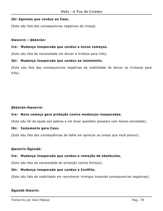 Dafa - A Voz do Criador

Ibi: Egoismo que conduz ao Caos.

(Este odu fala das consequencias negaticas da inveja).



Owonrin – O kànràn:

Ire:     Mudança inesperada que conduz a novos começos.

(Este odu fala da necessidade em deixar a tristesa para trás).

Ibi:     Mudança inesperada que conduz ao isolamento.

(Este odu fala das consequencias negativas da inabilidade de deixar as tristezas para
trás).




O kànràn-Owonrin:

Ire:     Novo começo gera proteção contra mudanças inesperadas.

(Este odu fal da ajuda aos pobres e em levar questões pessoais com menos seriedade).

Ibi:     Isolamento gera Caos.

(Este odu fala das consequências da falha em apreciar as coisas que você possui).



O wonrín-Ògúndá:

Ire:     Mudança inesperada que conduz a remoção de obstáculos.

(Este odu fala da necessidade de proteção contra feitiços).

Ibi:     Mudança inesperada que conduz a Co nflito.

(Este odu fala da inabilidade em reconhecer inimigos trazendo consequencias negativas).



Ògúndá -Oworin:


Tran s cri t o por A wo If ákoya                                            Pág .: 78
 